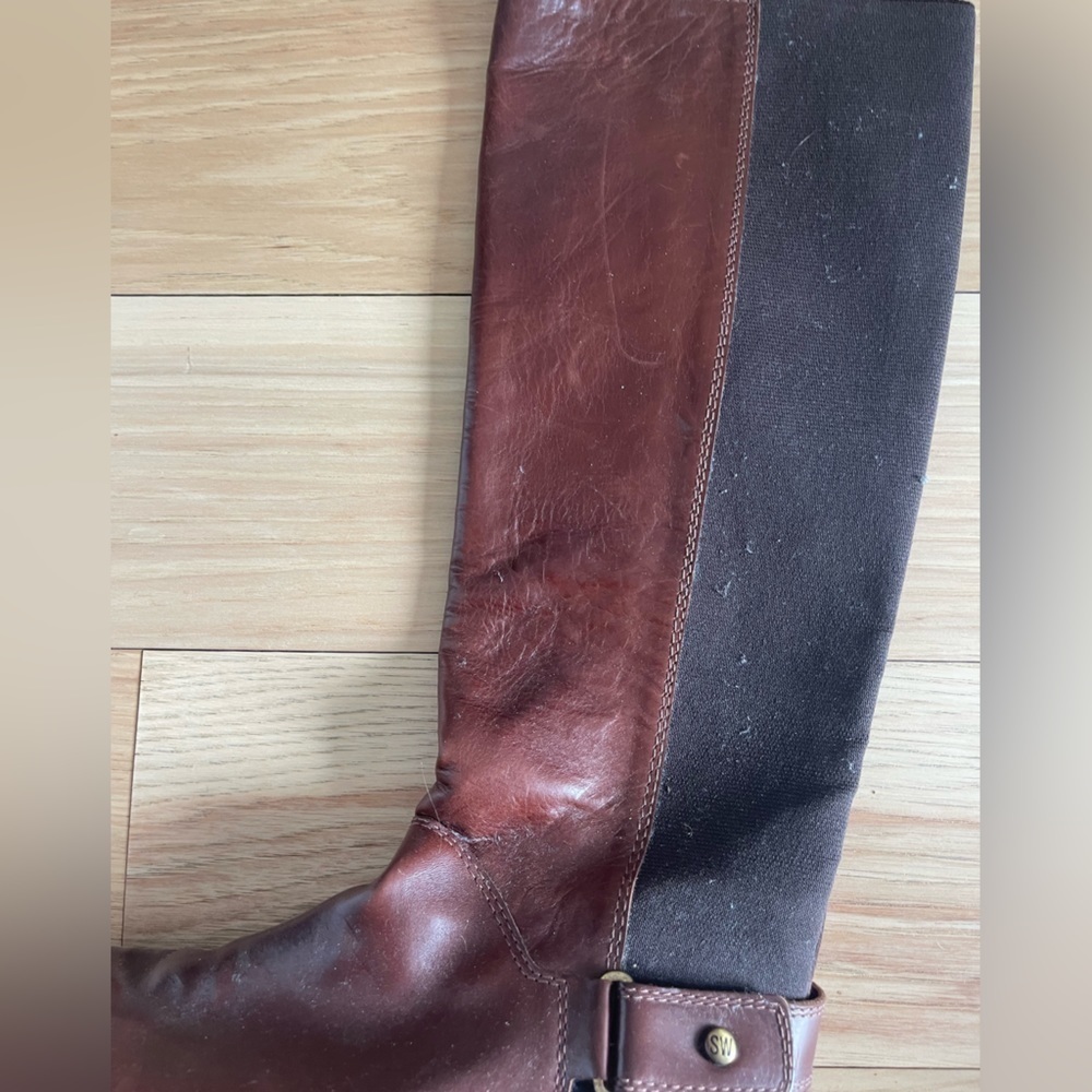 Stuart Weitzman Leather and Leopard Heal Knee High Boots Brown - Picture 6 of 9